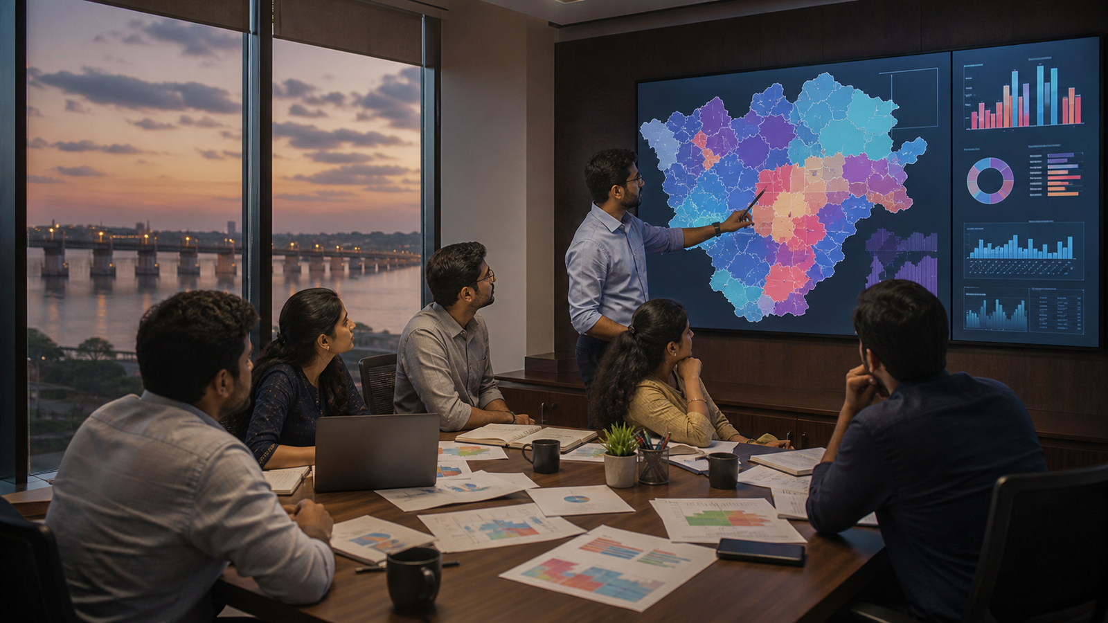 NEXPOLL political consultants reviewing booth-level campaign analytics in Vijayawada, Andhra Pradesh