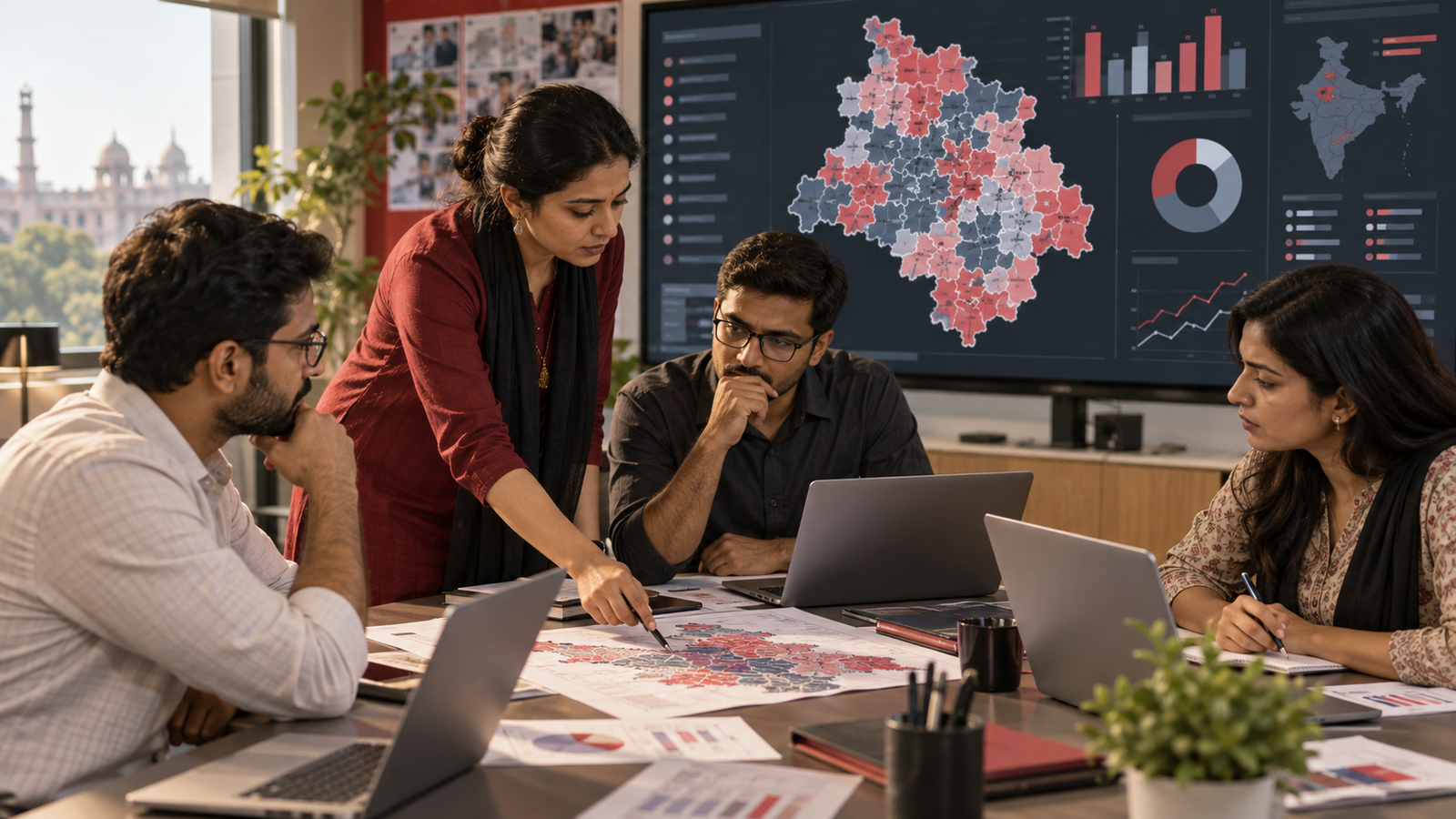 Indian political analytics team reviewing booth-level voter data, constituency maps, turnout trends, and sentiment signals