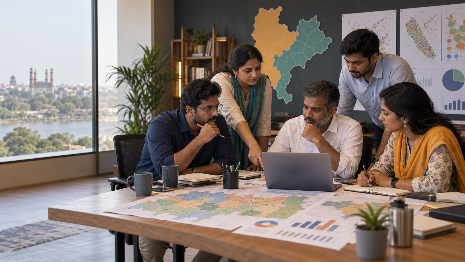 Indian political campaign strategists reviewing booth-level maps, voter survey data, and outreach plans