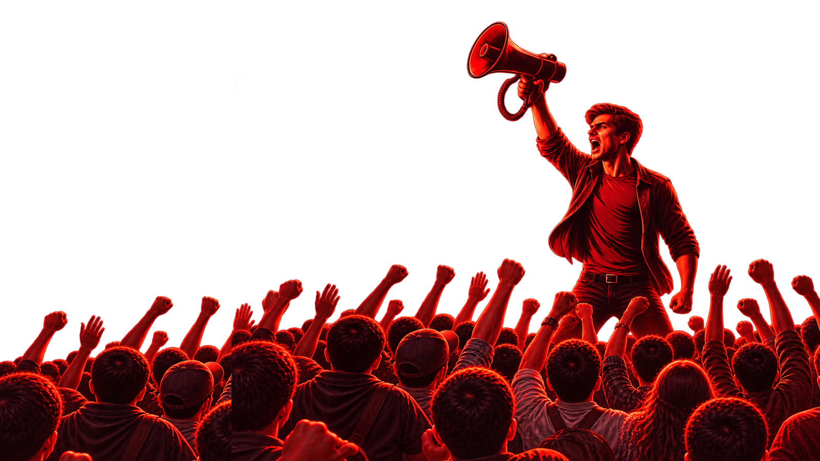 A campaign speaker raising a megaphone above an energized political rally crowd.