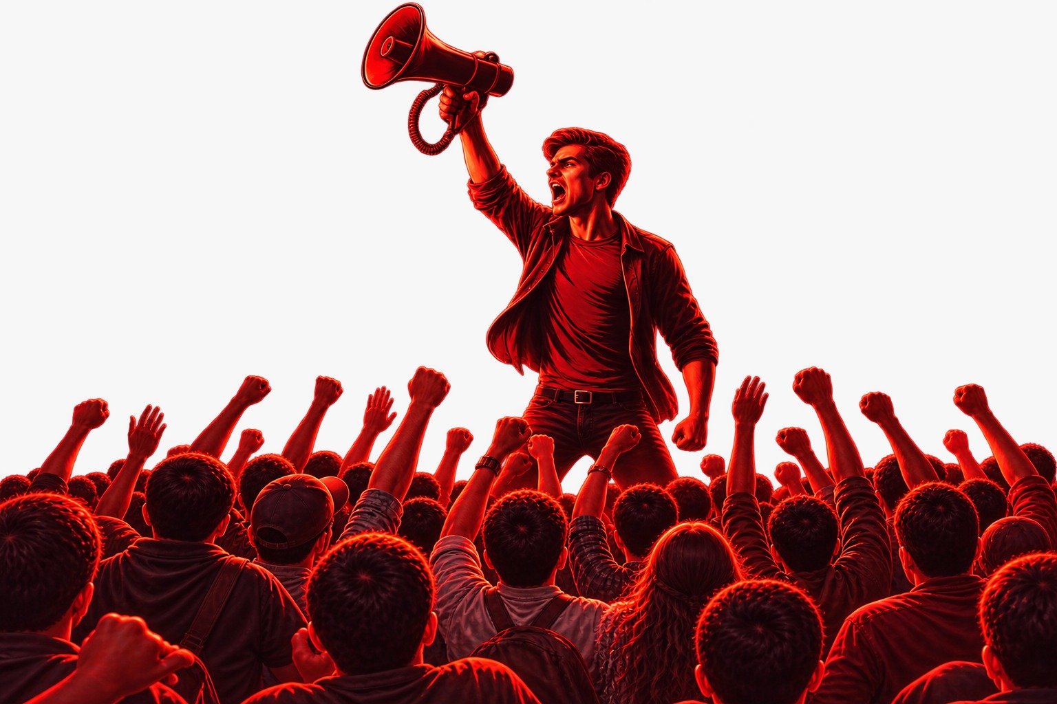 Political campaign speaker addressing an energized crowd with a megaphone